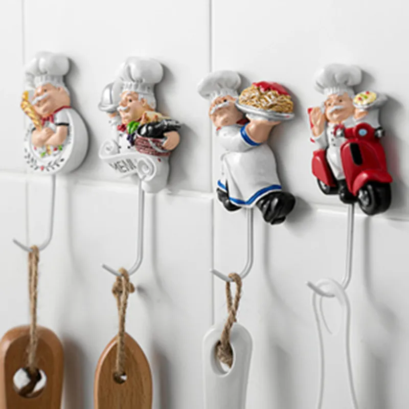 Multi Purpose Hooks Creative Resin 3D Cartoon Chef Key Tools Hooks Waterproof Bathroom Kitchen Hook Hole-free Seamless Wall Decorative