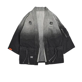 

Japanese Streetwear Kimono Jacket Coat Men Cardigan Hip Hop Japan Style Denim Jeans Zipper Pocket Harajuku Fashion Casual Jacket
