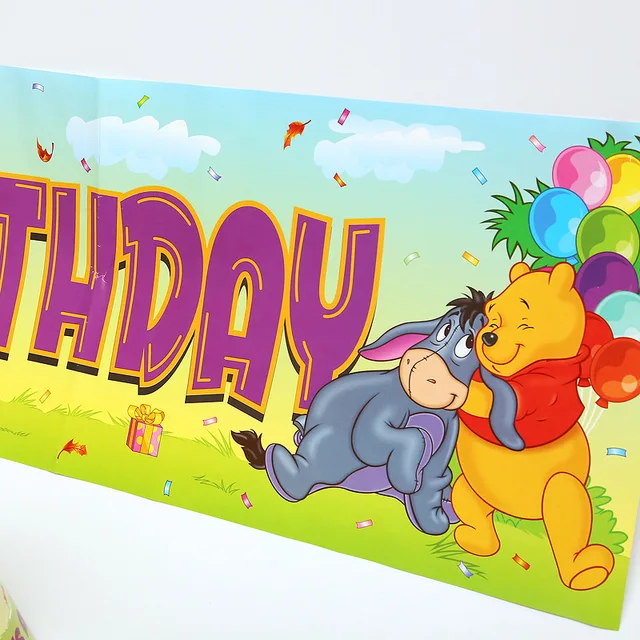 Disney Pooh Children's Birthday Party Supplies Party Tableware Set Paper Towel Tablecloth Paper Plate Knife Fork Spoon Set Banners