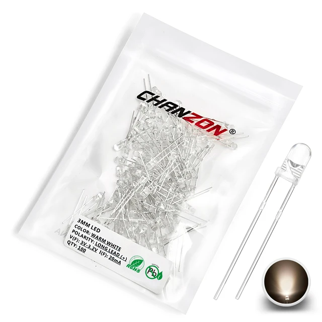 3mm LED Diode Kit Ultra Bright Warm White Red Green Blue UV Purple Yellow Orange Pink Clear Diffused Lens F3 Emitting Assortment 100Pcs Warm White