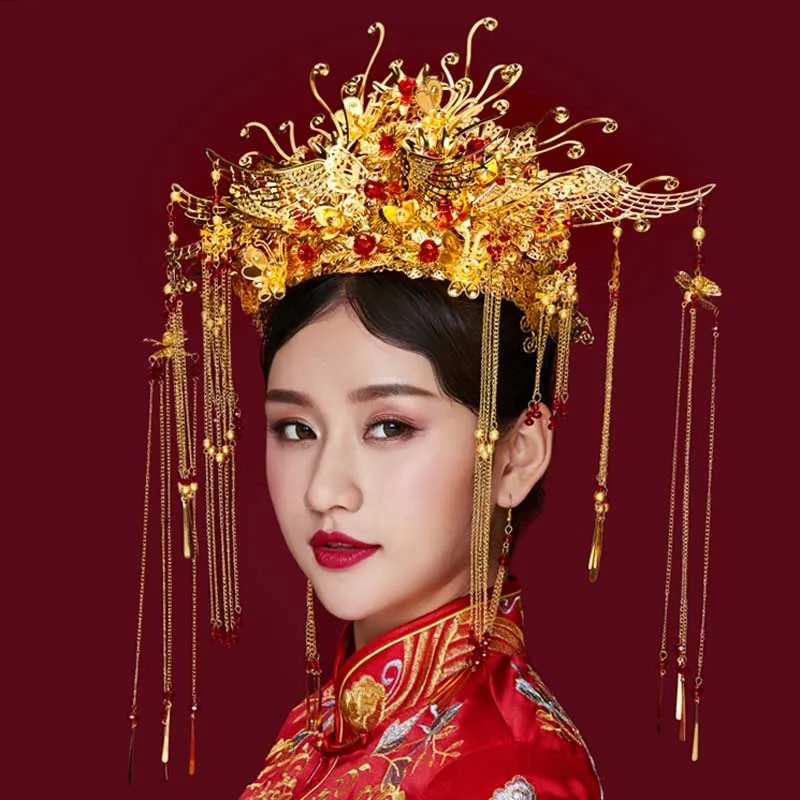 

New Retro Ancient Chinese Style Phoenix Coronet Hair Jewelry Accessories Long Tassel Tiaras Crowns Earrings for Bride Wedding