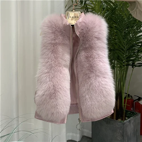 Pink Теплый меховой жилет женский зимний Повседневный настоящий шубка на меху без рукавов короткий Стильный жилет на молнии женский жилет с лисьим мехом - Цвет: Pink