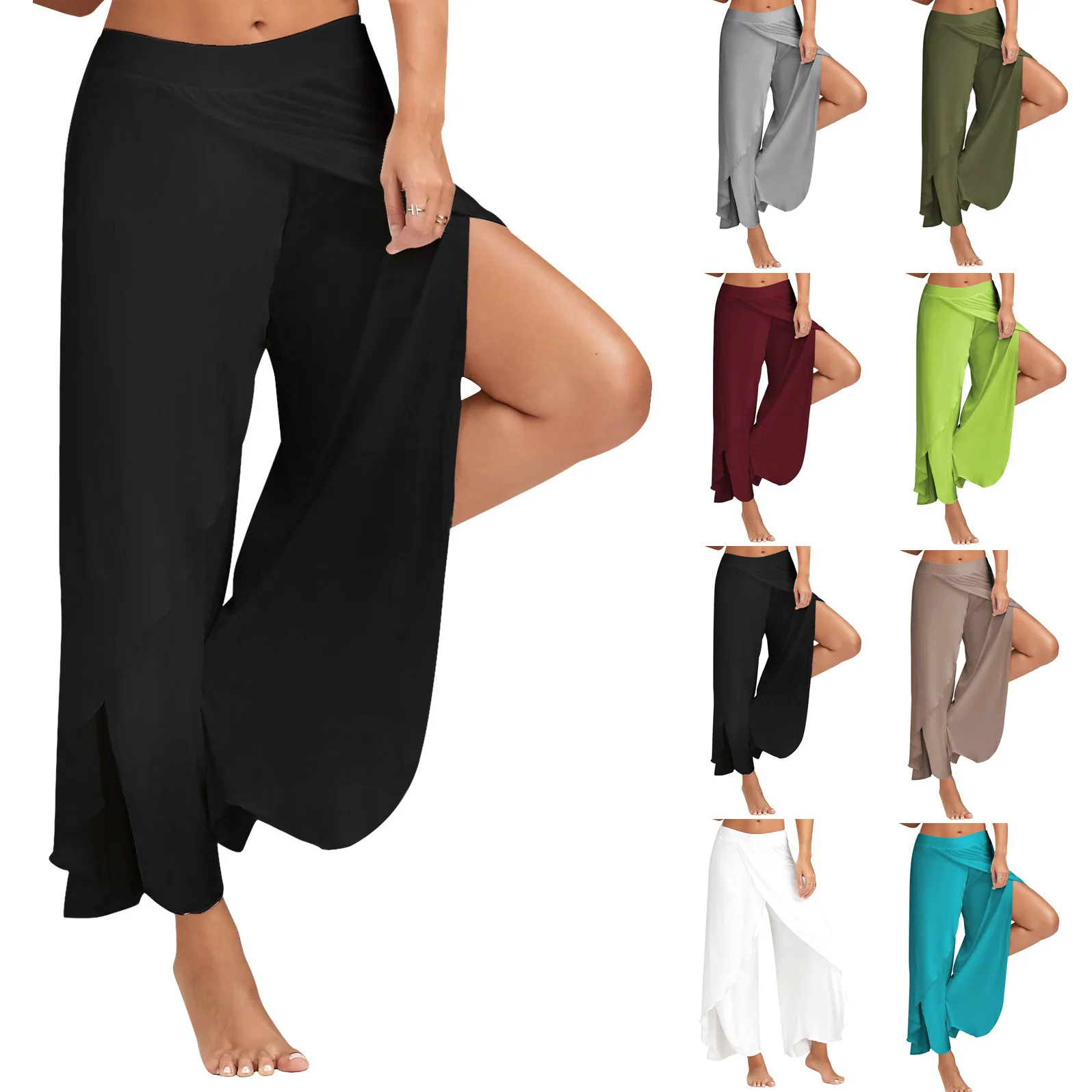 

Plus Size Women Pants Casual Mid Waist Slit Solid Color Wide Leg Trousers trousers women cargo pants women wide leg pants