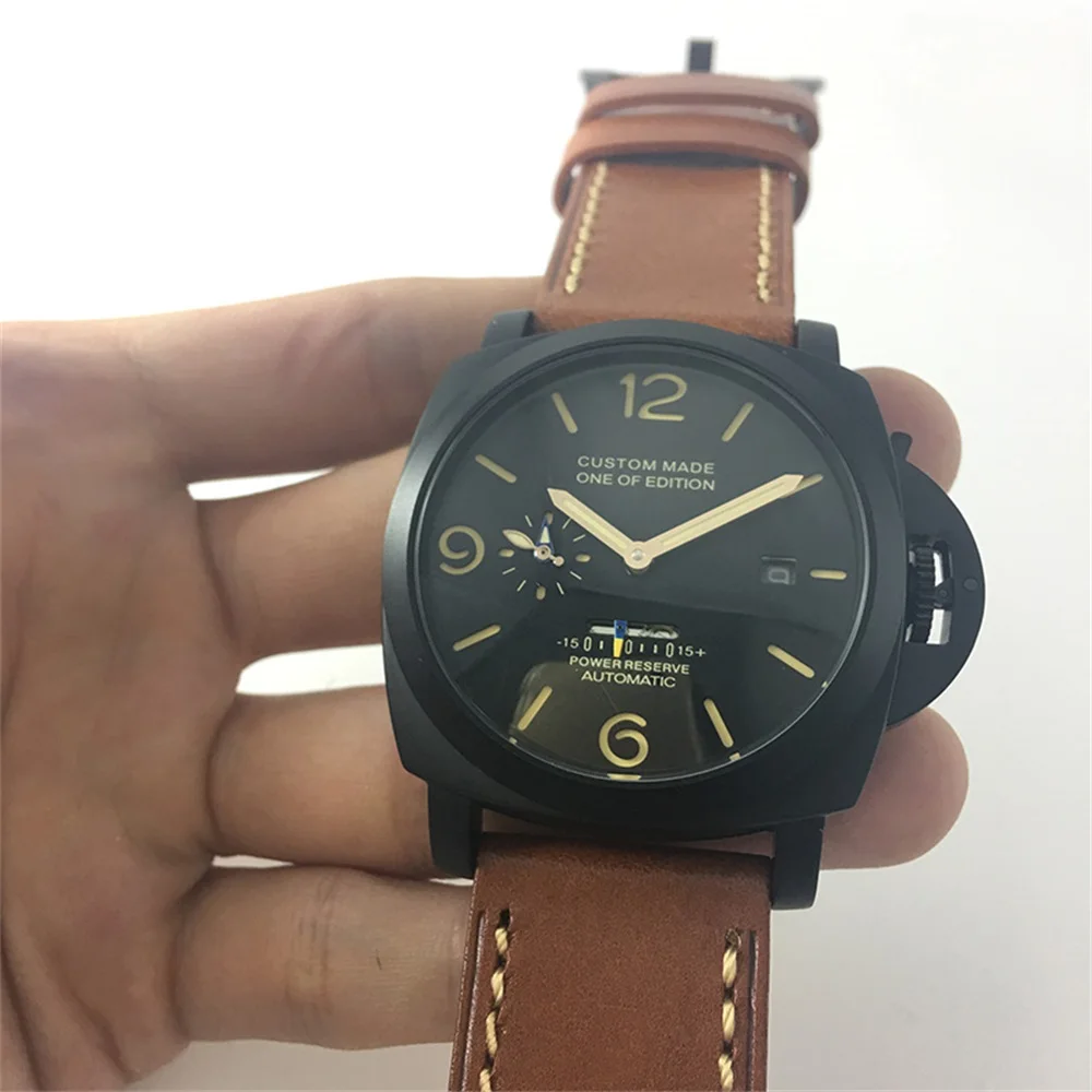Лидирующий бренд 44 мм автоматические механические часы запас хода супер Нержавеющая сталь черный циферблат светящиеся водонепроницаемые мужские часы P09
