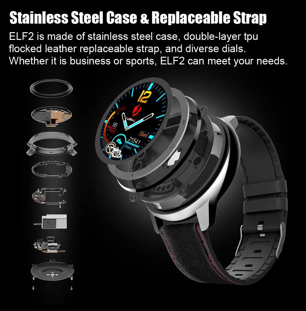 LEMFO ELF2 PPG+ ECG Smart Watch Men Full Round Touch Screen 360*360 HD Resolution Stainless Steel Case Strap Replaceable