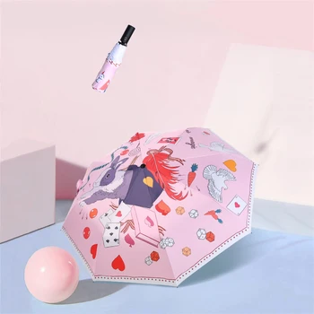 

Cute Automatic 3 Fold Umbrella Women Cartoon Folding Uv Protection Rain Sun Umbrella Black Coating Sombrilla Rain Gear MM60YS