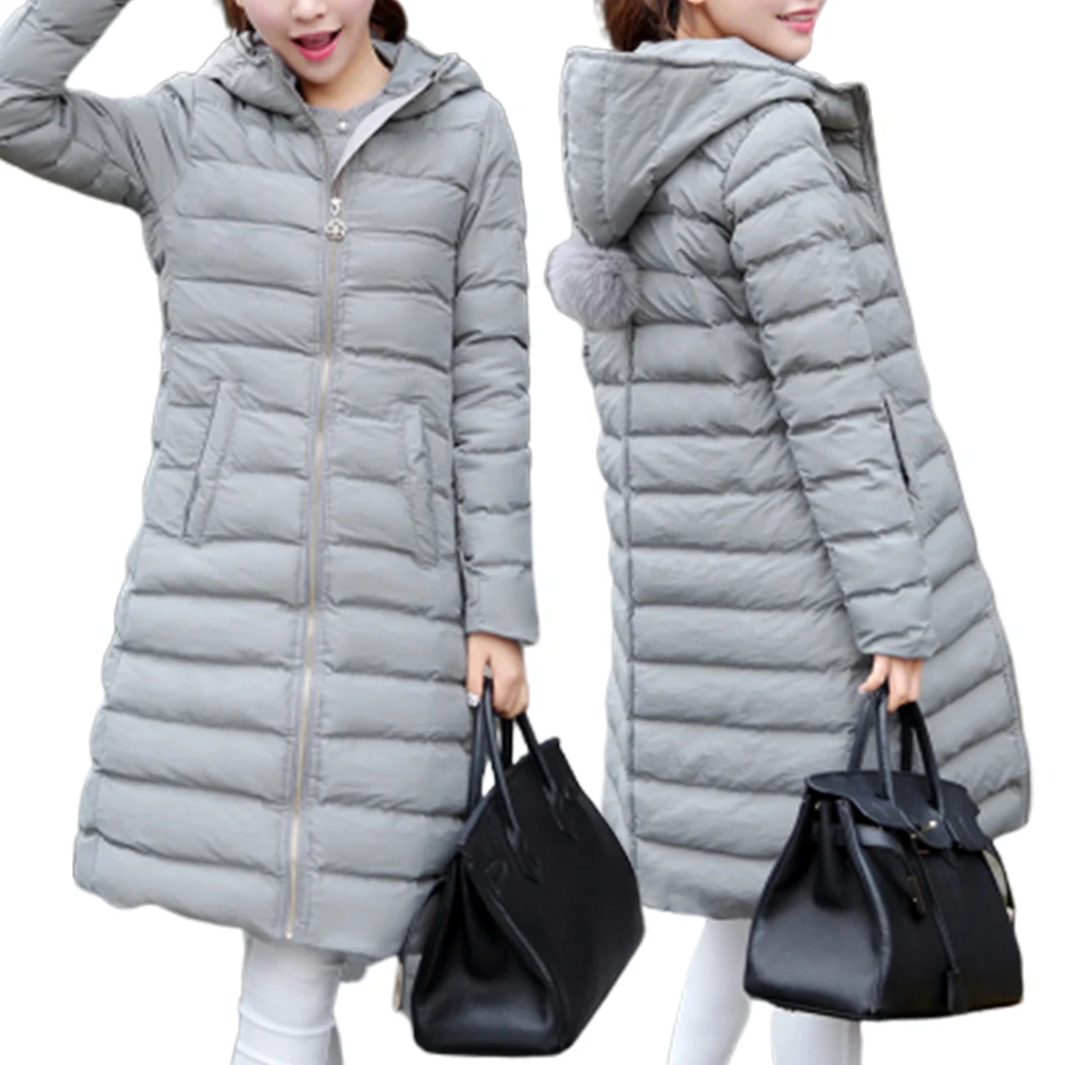 

Korean Down Jacket Women Parkas Winter Long Puffer Coat Hooded Thick Cotton Warm Wadding Pompom Jacket Hairball Quilted Parkas