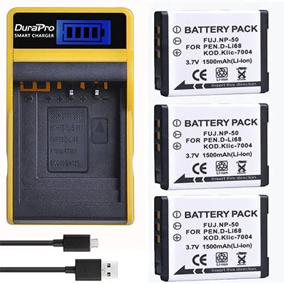 3 Battery Set Комплект из 2 предметов 1500 мА/ч, NP-50 KLIC-7004 D-Li68 Камера Батарея+ ЖК-дисплей USB Зарядное устройство для ЖК-дисплея с подсветкой Fujifilm FinePix F50FD F60FD F70EXR F75EXR F80EXR F85EXR - Цвет: 3 Battery Set