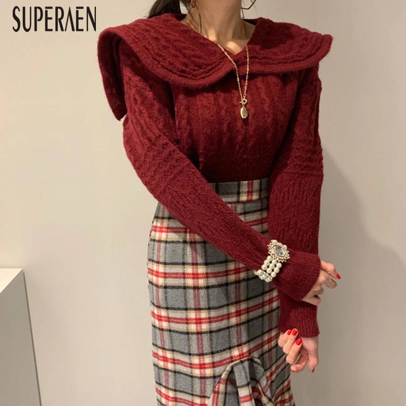 SuperAen, корейский стиль, женские пуловеры, свитер, сплошной цвет, Дикие повседневные женские свитера, осень и зима, новинка, вязаные топы