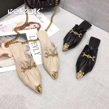 

Designer Shoes Women Flat Slippers Luxury Brand Chain Mules Female Fashion Dress Slides Pointed Toe Animal Buckle Shoe Woman