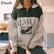 Sudadera con capucha de algodón para mujer, jersey de manga larga de algodón, estilo vintage casual, suéter holgado con estampado de letras, cuello alto medio y cremallera, moda de color gris