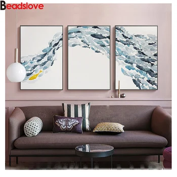 

Triptych Seascape Shoal of fish abstract diamond Mosaic Full Square Round Drill DIY 5d painting diamond embroidery wall stickers