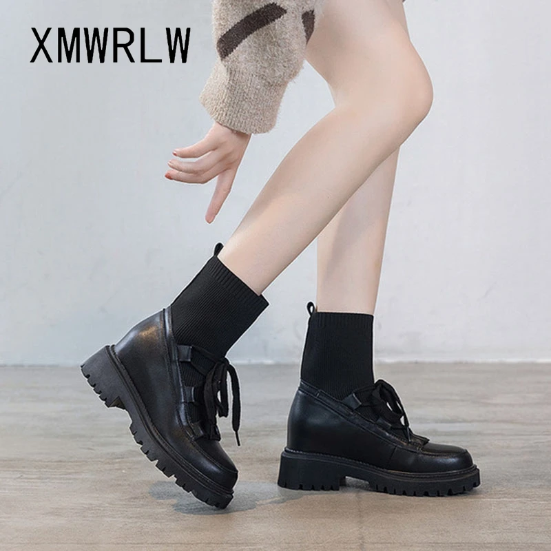 

XMWRLW Knitting Wool Ankle Boots For Women Fashion Hidden Heel Shoes 2021 New Autumn Split Leather Women Comfortable Autumn Boot