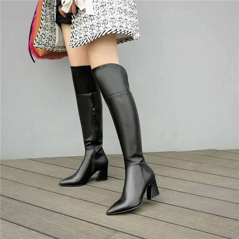 Meotina/зимние облегающие высокие сапоги женские ботфорты из натуральной кожи на толстом высоком каблуке обувь с острым носком на молнии Женская Осенняя обувь; размеры 34-43