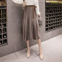 Женская длинная Плиссированная юбка зима весна Высокая талия бант вельвет Корейская Юбка крутая Женская мода юбки черный зеленый серый