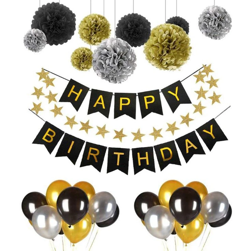 

41 Pcs Decoration Supplies Round Paper Flower Ball Balloon Birthday Pull Flag Set for Home Birthday Party Wedding Decoration Han