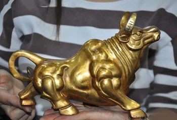 

Christmas 9"China Feng Shui bronze Gilt Lucky Wealth Ox Oxen Cow Cattle Bull Bovine Statue New Year