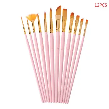 

New 12pcs Paint Brushes Fine Nylon Hair Round Filbert Angel Flat Paintbrushes Tools
