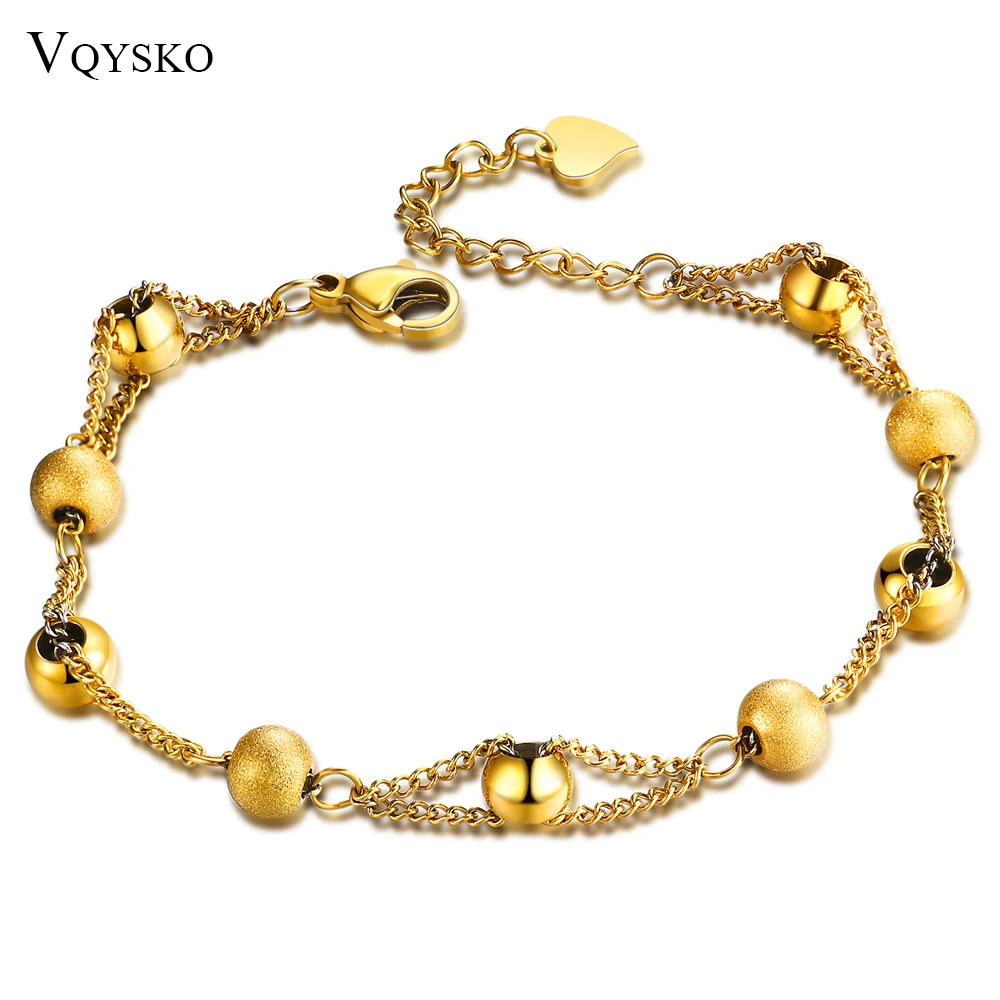 Gold Color Bead Chain Bracelets For Women Stainless Steel Hand Heart
