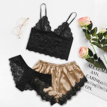 

3 Piece Silk Satin Pajamas Sets For Women Sleepwear Satin Sexy Lace Cami Crop Top And Shorts Sleeveless Pajamas Sets Summer Suit