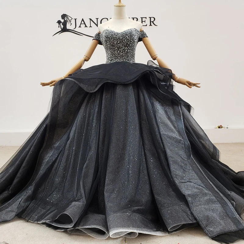 HTL1731 Noble And Elegant Black Wedding Dress 2020 Lace Up Back Short Sleeve V-Neck Off The Shoulder vestito da sposa | Свадьбы и