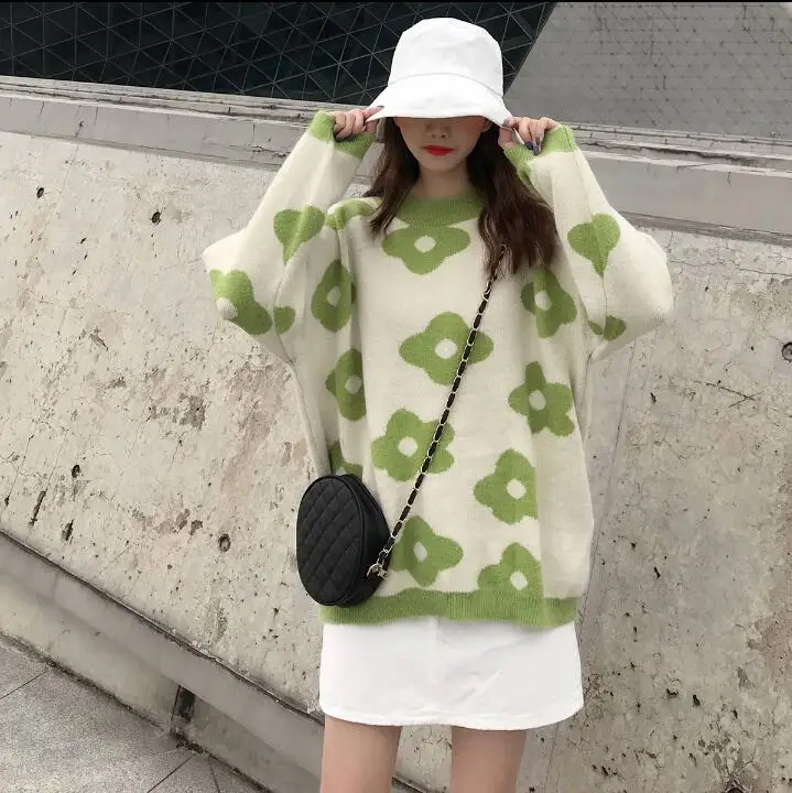 Женские свитера японский Kawaii Ulzzang Цветочный Круглый Вырез Свободный свитер женский Япония корейский Harajuku Милая одежда для женщин - Цвет: Зеленый