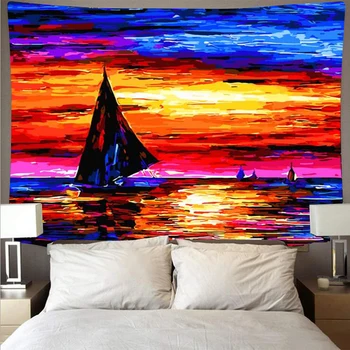 

Sunset Caixia sailing oil painting style tapestry cheap hippie wall hanging bohemian mandala mural style decorative art
