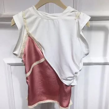 

Women T-shirt Lace Top Fake Two Short-sleeved T-shirts