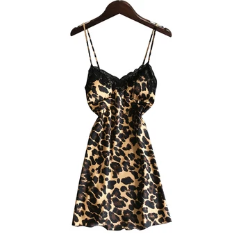 

New Korea sexy leopard satin silk nightdress womne sleepwear nightgowns summer silky ice silk spaghetti strap women sleepdress