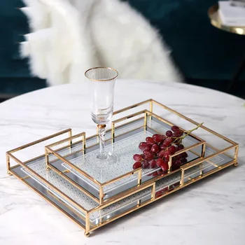 

Luxury Dense Polygon White Lattice Pattern Glass Metal Tray Modern Home Living Room Coffee Table Storage Decor Tray Ornaments
