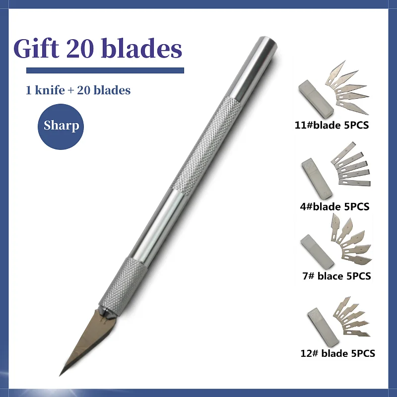 Juego de 21 Uds. De cuchillas de acero para tallado, 20 cuchillas de acero y un cuchillo de corte de papel de oficina de aleación de aluminio y apertura de letras