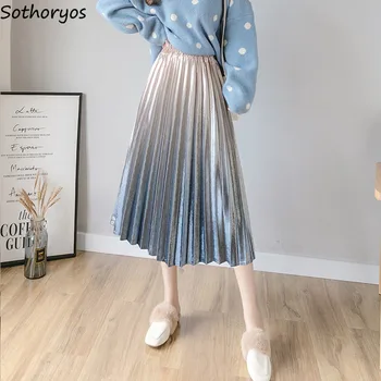 

Skirts Women Pleated Korean Style Elastic High Waist Mid-Calf Length Skirt Womens All-match Elegant Students A-Line Clothing New