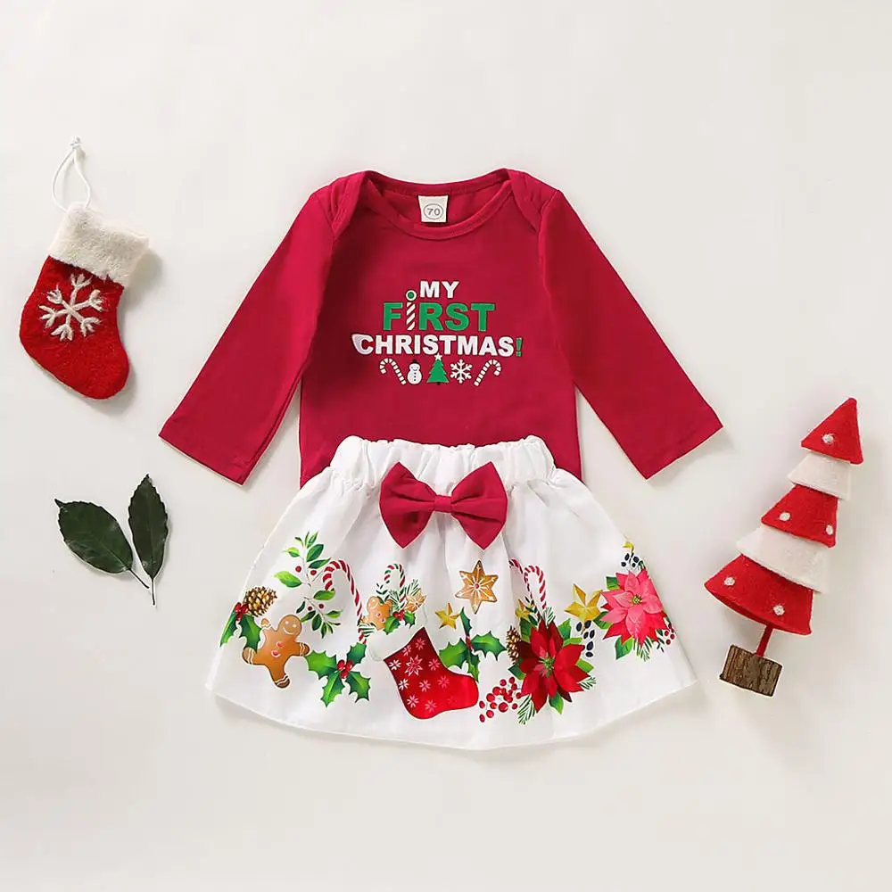 Одежда с длинными рукавами для девочек с надписью «my first christmas»; юбки; Одежда для маленьких девочек; зимняя одежда для малышей; 10,14