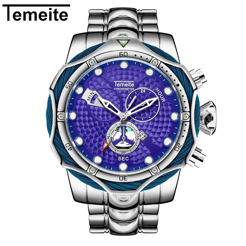 silver blue TEMEITE Брендовые мужские часы с большим циферблатом роскошные мужские наручные кварцевые часы из нержавеющей стали водонепроницаемые мужские часы с украшением - Цвет: silver blue