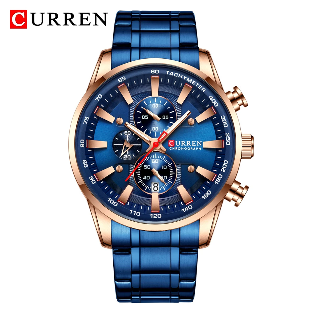 Blue CURREN, роскошные Брендовые мужские часы, хронограф, мужские спортивные кварцевые часы из нержавеющей стали, мужские часы, водонепроницаемые, Relogio Masculino - Цвет: Blue
