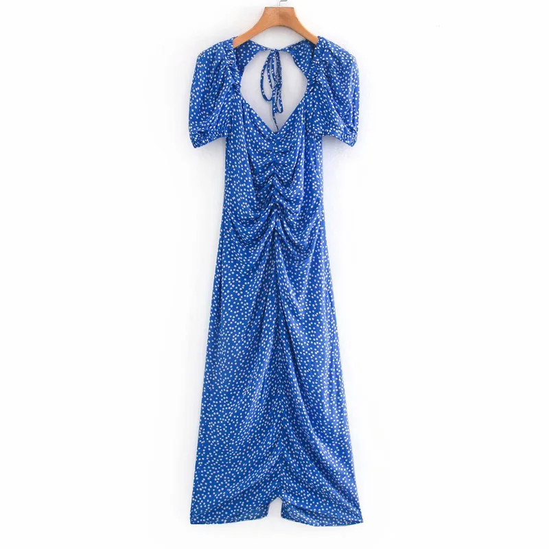 

ZA Women Vintage Blue Polka Dot Midi Dress Open Back with Bow Puff Sleeve Summer Lady Elegant Party Pleated Gown Slits hem Dress