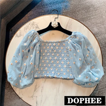 

Women Summer Top Crop Top 2020 Ins Elegant Puff Sleeve Off-Shoulder Slim Short Pullover Embroidered Daisy Mesh Blouses