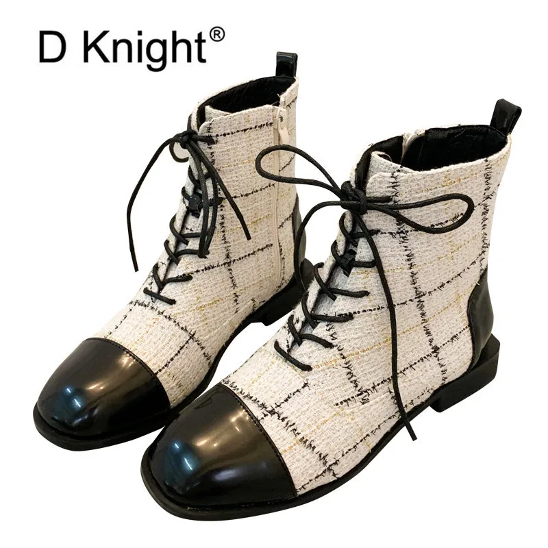 

2019 Winter New Women Boots Fashion Plaid Round Toe Flat with Women's Shoes Sexy Autumn Lace Up Ankle Boots Female Footwear