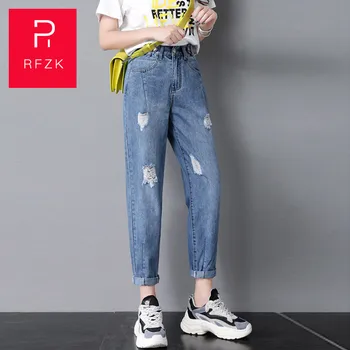 

Rfzk 2020 New Vintage High Waist Jeans Woman Boyfriends Women's Jeans Full Length Mom Jeans Cowboy Denim Pants Loose Harlan Pant