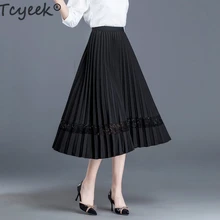 Tcyeek осенне-зимняя кружевная юбка женские модные юбки корейская элегантная длинная Плиссированная юбка женская винтажная черная Faldas 860701