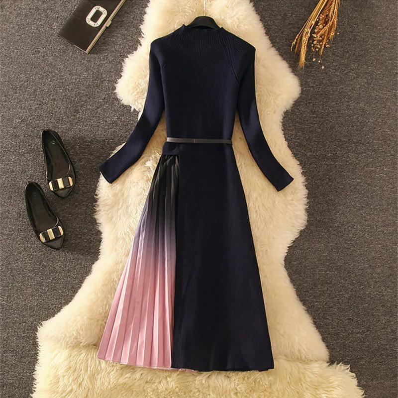 Autumn Winter Vintage Elegant Knit Long Sleeve Midi Bodycon Work Office Lady Dress Slim Formal Pleated Dress Spring 2020