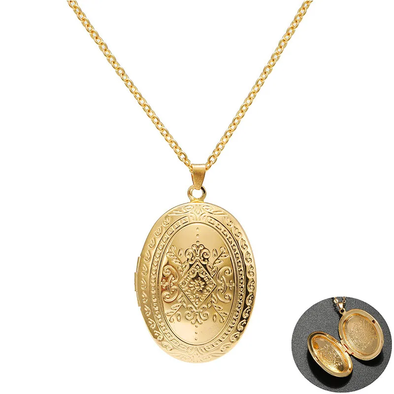 Aesthetic Carved Design Oval Shaped Photo Frame Pendant Necklace Gold Color Vintage Jewelry Openable Locket Necklaces Women Men