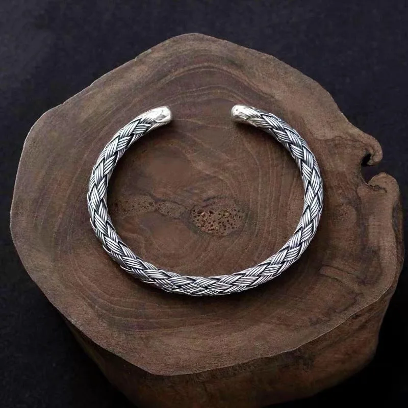 S925 sterling silver bangle jewelry retro Thai silver embossed opening bracelet for men and women silver bracelet gift