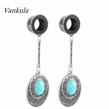 

Vankula 2pcs Dangle Studs Saddle Ear Piercing Plug Expander Tunnel Plug Ear Gauges Stretchers With The Blue Stone Ear Pendant