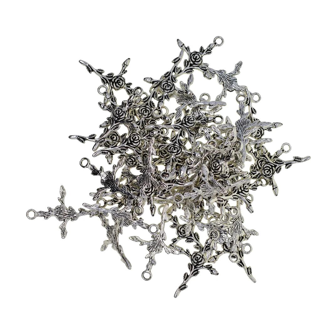 50Pcs Tibetan silver color Rose Floral Charm Cross Faith Pendant Bead for Jewelry Making Bracelet Necklace Crafts