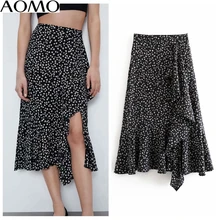 AOMO casual mujeres imprimir volantes Falda midi faldas mujer 2020 nuevo lado cremallera Oficina elegante faldas elegantes largas hasta la pantorrilla 6A164A