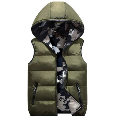 ArmyGreen Красивый осенне-зимний повседневный мужской жилет с рукавом, толстый теплый тонкий пуховик, камуфляжный жилет с капюшоном для мужчин/женщин - Цвет: ArmyGreen