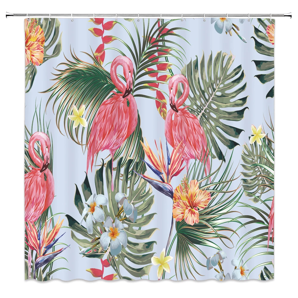 

Flamingo Shower Curtains Tropical Plant Leaves Floral Plant Leaf Red Bird Home Bathroom Decor Cloth Curtain Set Cheap