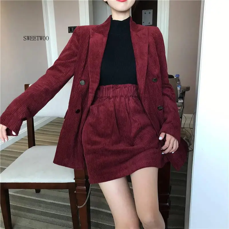 2020 Autumn Solid Women Elegant Corduroy Blazer OL Notch Collar Jacket Female Wine Red Double Breasted Coats