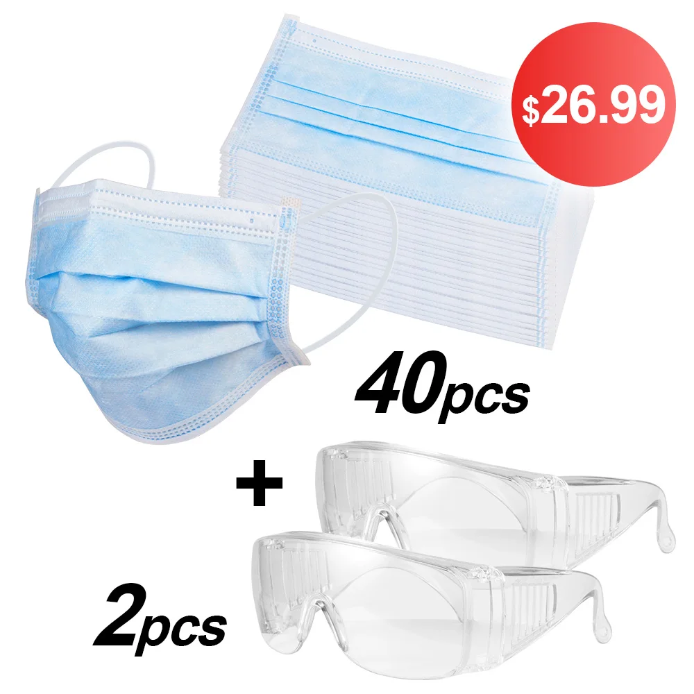 

Ear-loop Mask 3 Layer Anti-dust Safe Breathable Mouth Mask Disposable Safety Goggles Eyes Mask For Comprehensive Protection